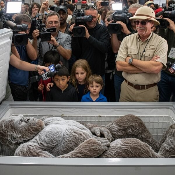 a man with a Bigfoot in a freezer with media and observers.