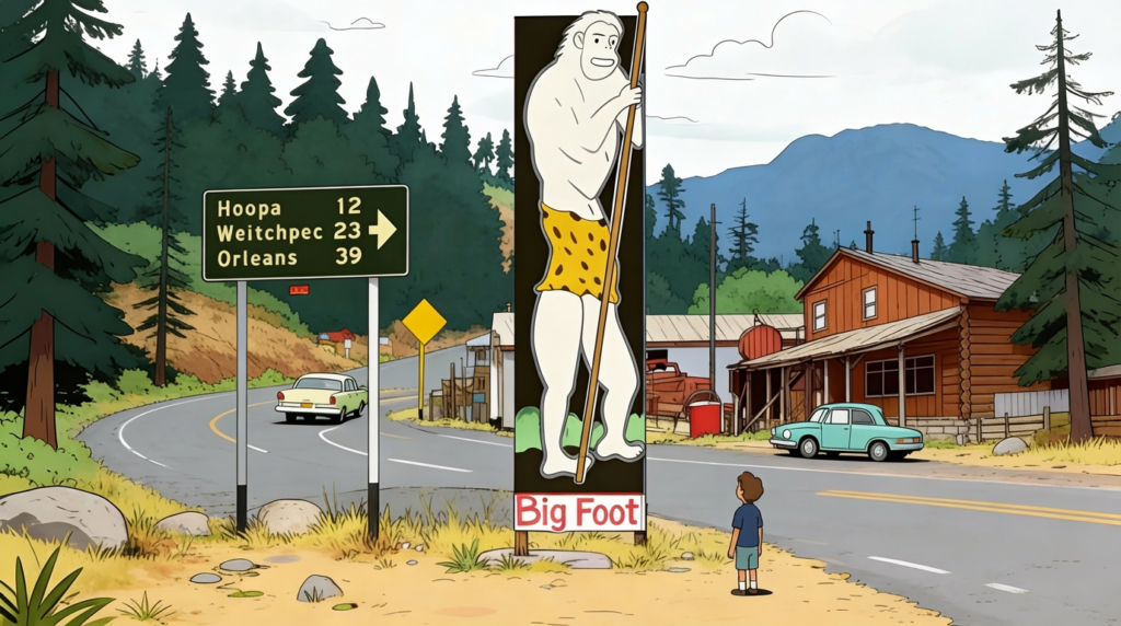 Steven Streufert in spacetime at Willow Creek, California. As early as the 1950s, this mountain town has had a reputation for Bigfoot sightings. As a result Bigfoot skeptics are drawn to the event and the location.